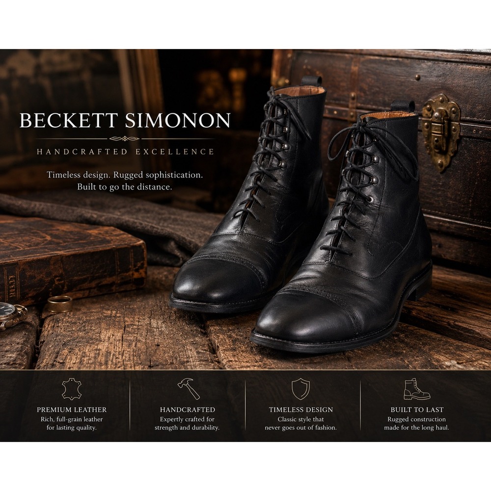 Beckett Simonon Men's Black Leather Cap Toe Lace-Up Dress Boots Size 11.5